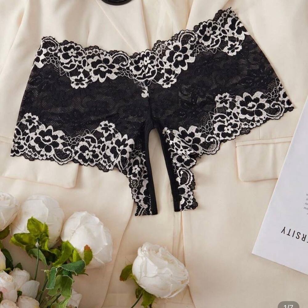 Nwt Large Sexy Black White Lace Crotchless panties Lingerie Sheer & Seductive